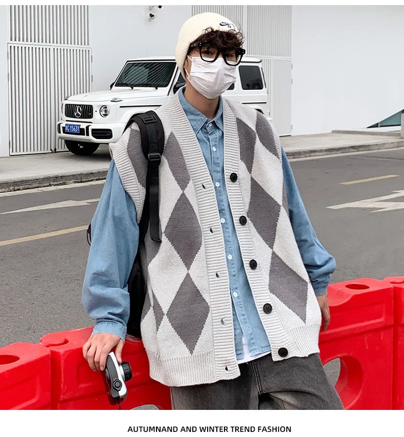 HEARUJOY  -  New Autumn Winter Fashion Trend Casual Vneck Cardigan Vest For Men Highquality Korean Version Loose Comfortable Versatile Jacket