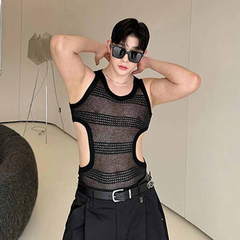 Hearujoy Summer Slim-fit Vest Sexy Men's Wear Hollowed Side Waist Round Collar Male Vests new Fashion Male Sleeveless Top