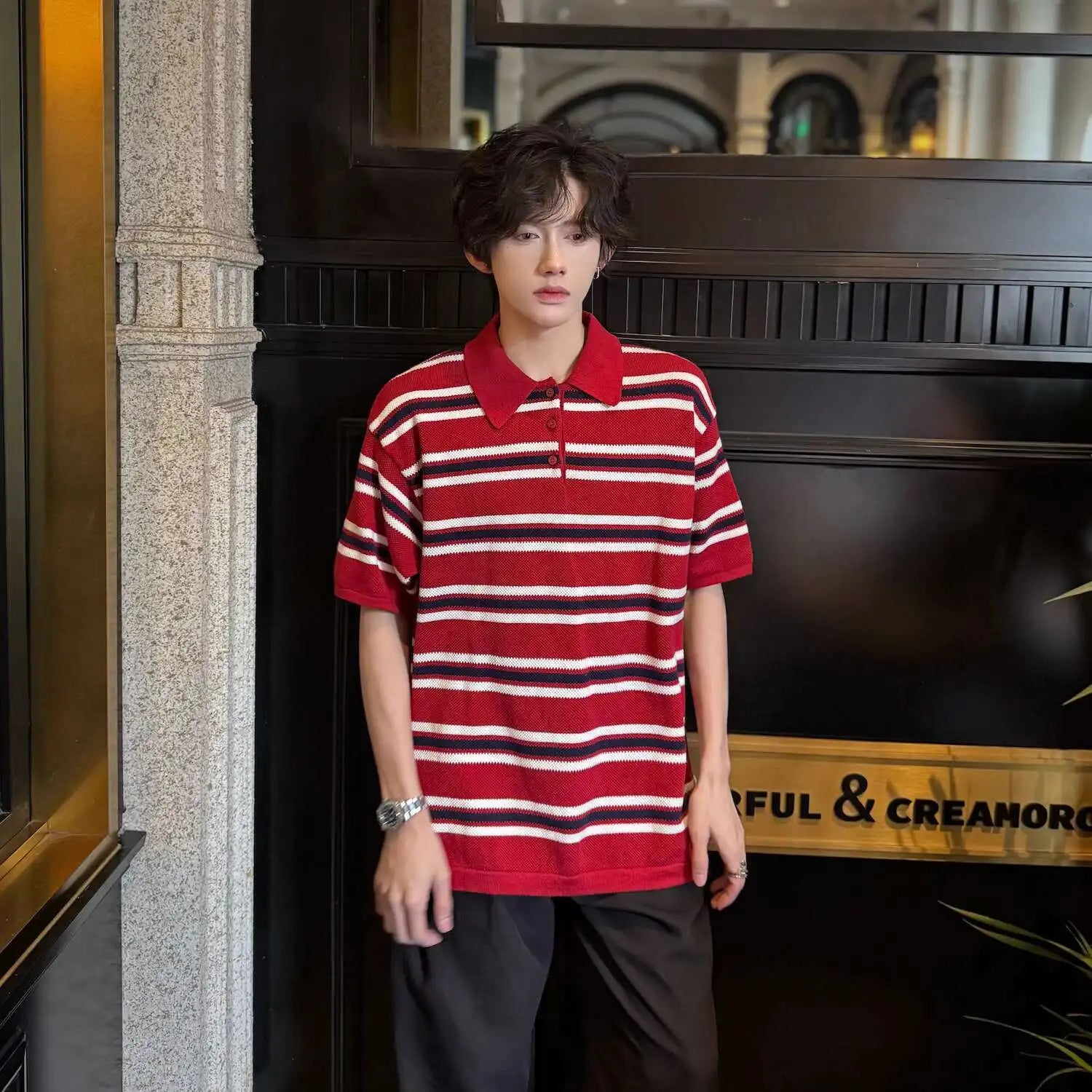 HEARUJOY  -  Trendy Men's Contrast Color Striped Buttons Design Loose T-shirt Fashion Casual Lapel Short Sleeves Tops Male Summer
