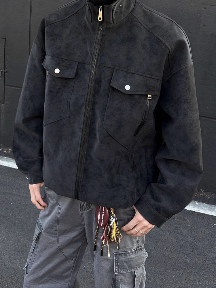 HEARUJOY  -  Vintage Men's Stand Collar Zip-up Jacket Coat Fall Winter New Casual Multi Pockets Cargo Jackets For Men Fashion Cardigan Tops