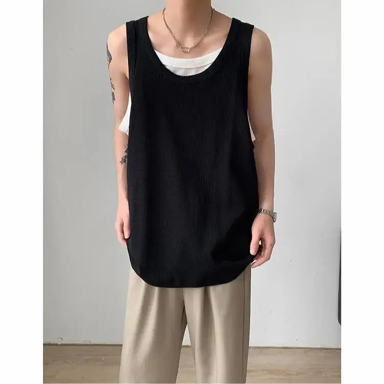 Hearujoy Summer Thin Fake Two Casual Loose Men's Sports Outer Sleeveless Vest American Old Man Fitness Shirt Tops