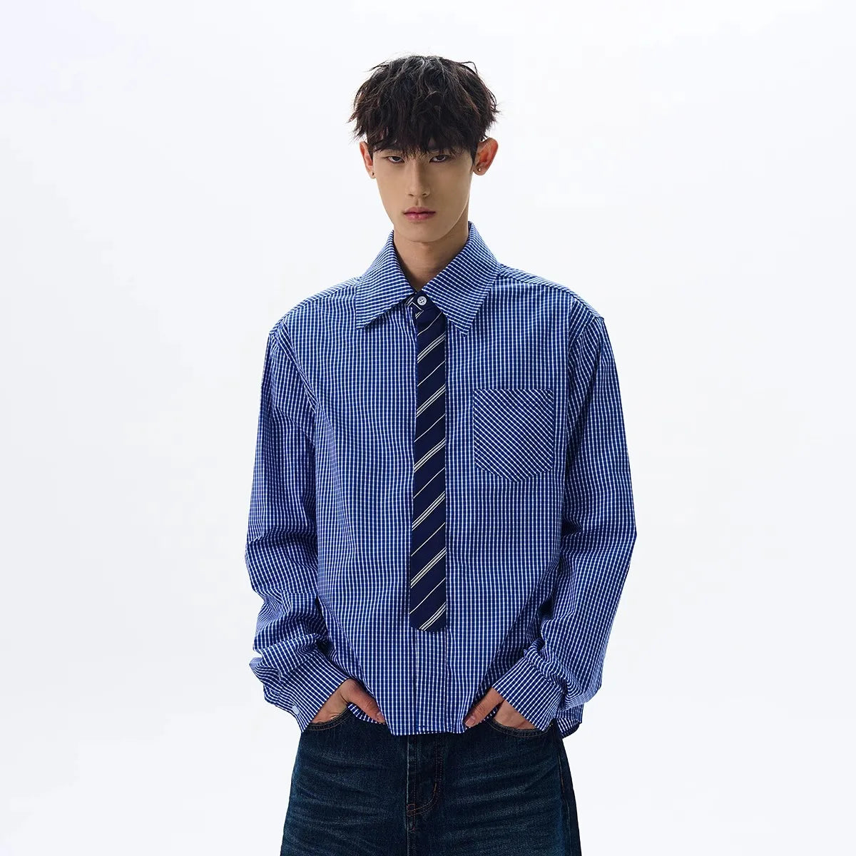 HEARUJOY  -  Light Blue Plaid Shirt Mens Japanese Style Vintage Suit Inner Wear Long Sleeve Shirt High End Sense Spring Outfit Outerwear
