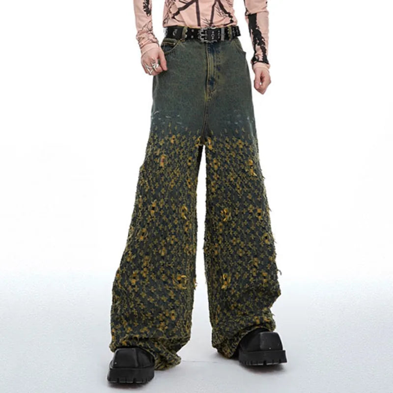 Hearujoy American High Street Irregular Hole Jeans Straight Casual Pants Vintage Wide Leg Male Trousers Fashion 24E1290