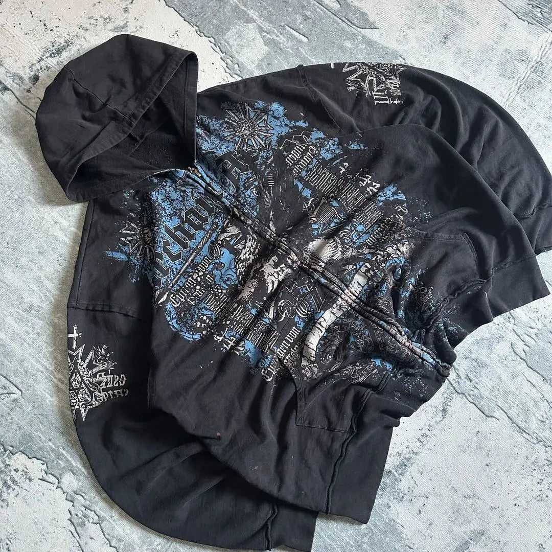 Hearujoy Affliction Gothic Hoodie Y2K New Retro Pattern Oversize Zipper Hoodie Hip Hop Street Casual Sweatshirt Personality Men clothing