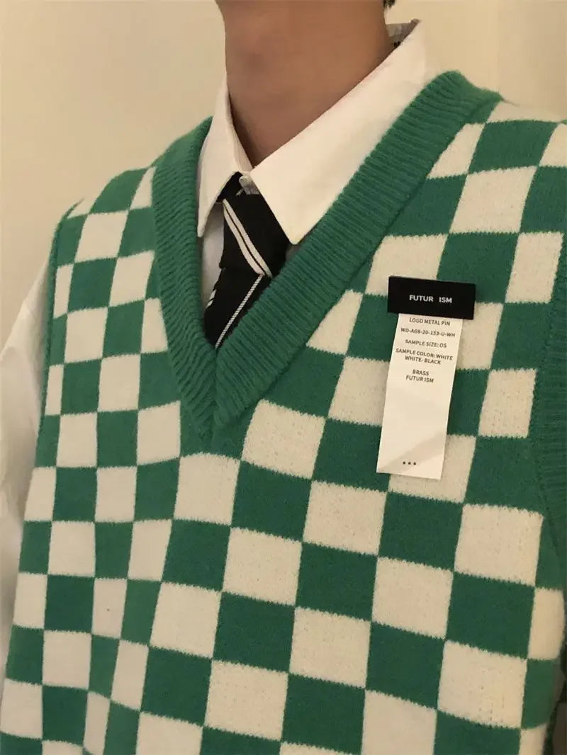 HEARUJOY  -  Waistcoat Plaid Green V Neck Sleeveless Knitted Sweaters for Men Black Man Clothes Vest Ugly Cotton Pull Oversize Sheap T Shirt