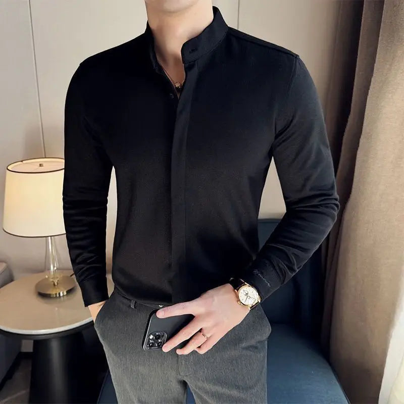 HEARUJOY  -  Thick woolen shirt For Men Autumn Winter Solid Color Slim Fit Warm Top High Quality Long Sleeve Stand Collar Shirt Streetwear