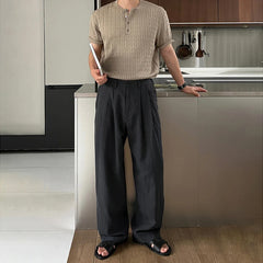 HEARUJOY  -  Men's Korean Light Luxury Draped Linen Wide Leg Pants Leisure Button-down Solid Color Straight Premium Elegant Sweatpants M-3XL
