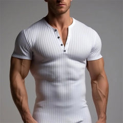 HEARUJOY  -  Men's Threaded T-shirt Summer Running Sports Fitness Clothes Muscle Slim Fit Short Sleeve T-shirt V-neck Collar Casual Tops