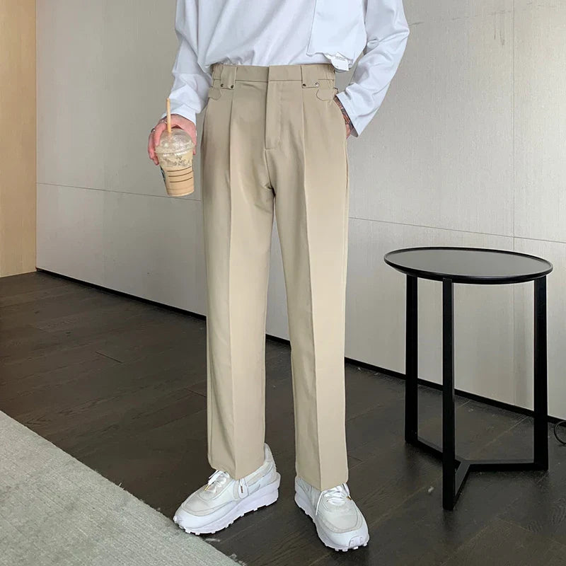 Hearujoy Korean Style Men Suit Pants Casual Pleated Droop Solid Color Elastic Waist Straight Leg Male Trousers Autumn Simple 9C6891