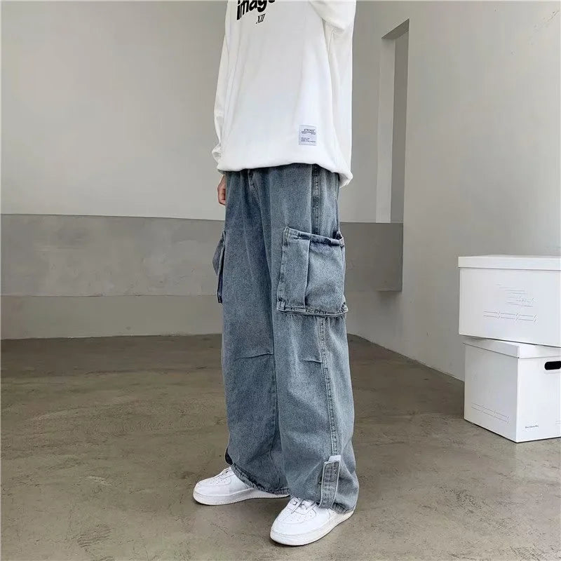 Hearujoy Hip Hop Jeans Men Baggy Cargo Pants Casual Big Pocket Denim Trousers Vintage Plus Size Bottoms Fashion Streetwear Y2K Clothing