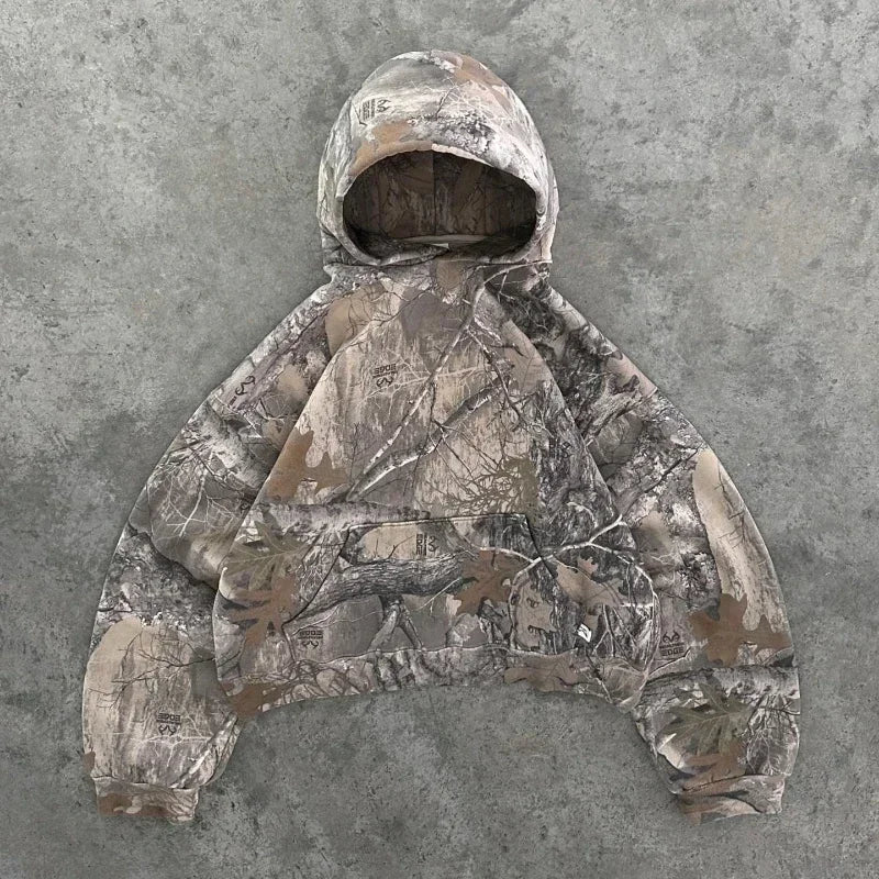 Hearujoy Y2k Hoodie New Leaf pattern Camouflage Loose Sweatshirt Mens Womens American Retro Street Hip Hop Streetwear Unisex Camo Hoodies