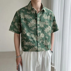 HEARUJOY  -  Loose Maple Leaf Flower Shirt Men's Short-sleeved Mature Style Casual Five-point Sleeves