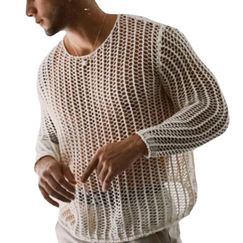 Hearujoy Knit Mesh Top Men Transparent Sexy See Through Men Long Sleeve Tee Streetwear Men's Clothing Fishnet Muscle Undershirts