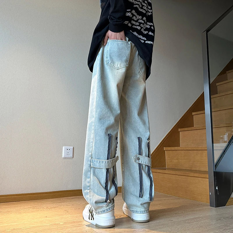 Hearujoy American Zipper Design for Men's Jeans Street Hip-hop Straight Tube Loose Wide Leg Pants Y2K Pants Baggy Jeans