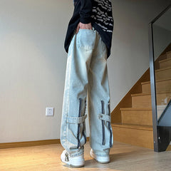 Hearujoy American Zipper Design for Men's Jeans Street Hip-hop Straight Tube Loose Wide Leg Pants Y2K Pants Baggy Jeans