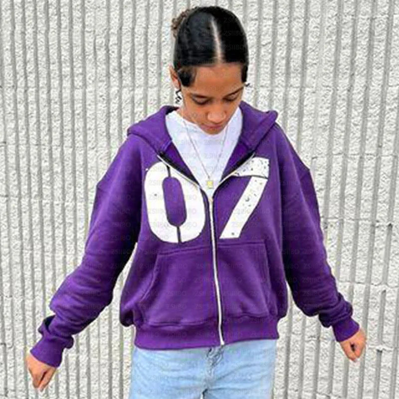 Hearujoy Gothic Retro Oversized Hoodie Number 07 Printing Y2k Hooded Cardigan Sweatshirts European and American Fashion Long Sleeve