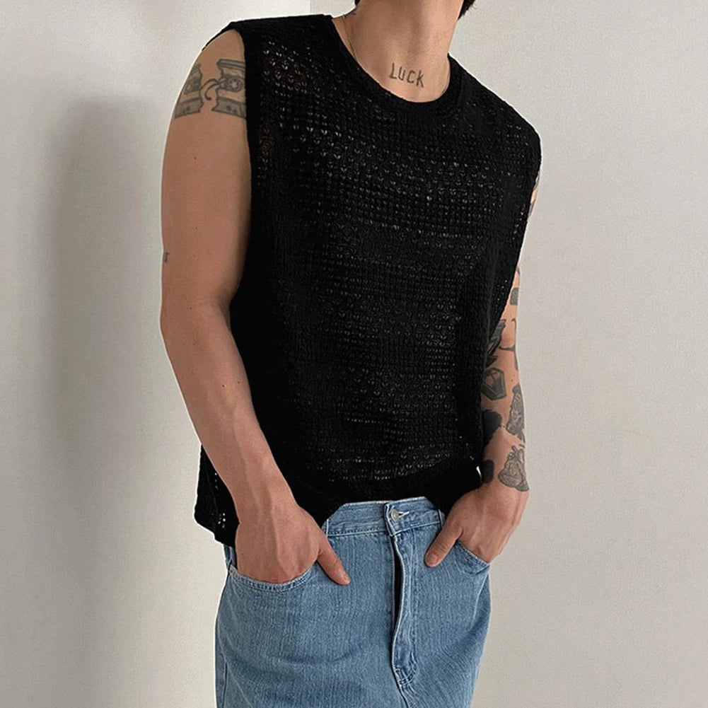 HEARUJOY  -  Casual Outings Summer Activities 2XL Men's Knitted Vest Daily Vacation Sleeveless Top Hollow Out Knitwear Loose Fit Design