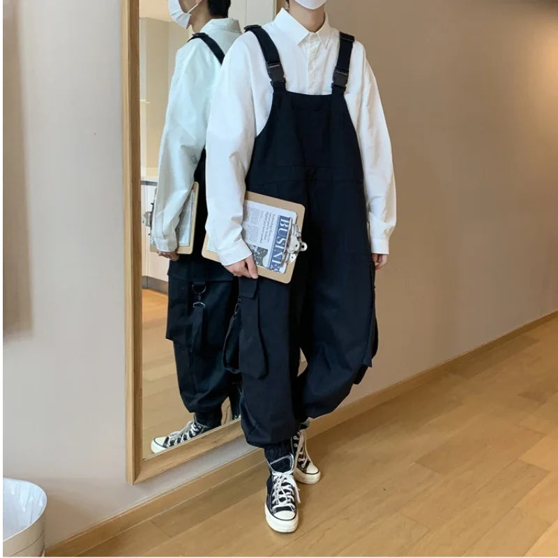 Hearujoy Suspenders Jumpsuit Pants Men Summer Overalls Japanese Loose Straps Casual Pockets Unisex Oversize Streetwear Solid Man Clothing