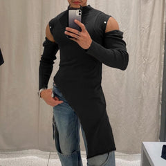 HEARUJOY  -  Everyday Casual Men Long Sleeve T Shirt Irregular Turtleneck Casual Off Shoulder Top Fall Clothing Regular Length
