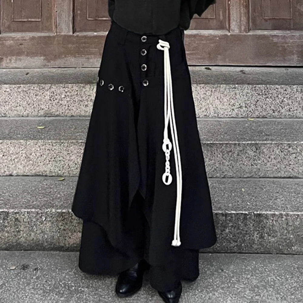 HEARUJOY  -  Y2k Layered Buttoned Culottes Dark Gothic Style Hakama Genderless Japanese Streetwear Casual Wild Wide-Leg Samurai Pants Unisex