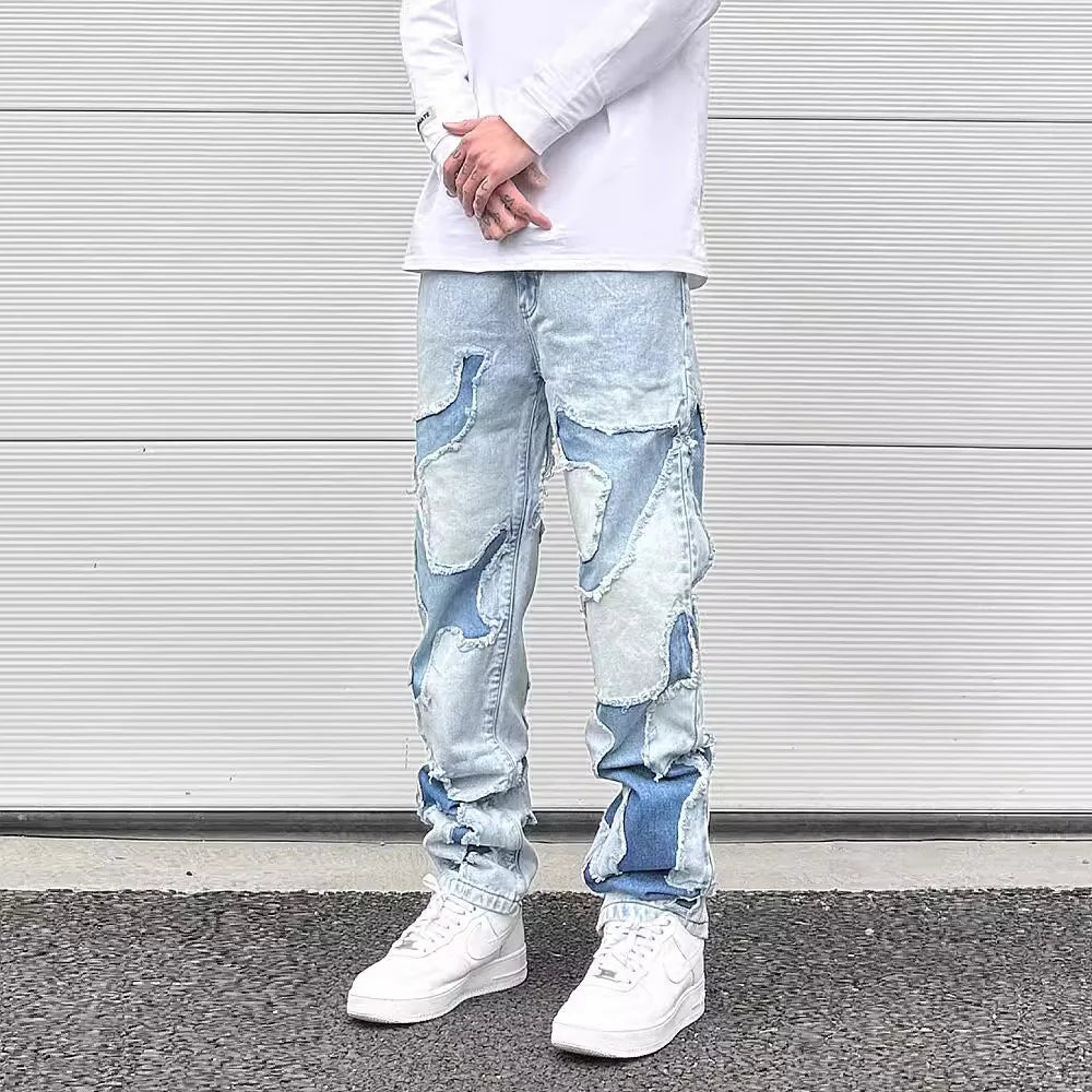 Hearujoy Streetwear Swag Style Blue Frayed Jeans Pants for Men Retro Washed Ripped Casual Tapered Denim Trousers Slim Fit Y2k Jean Male