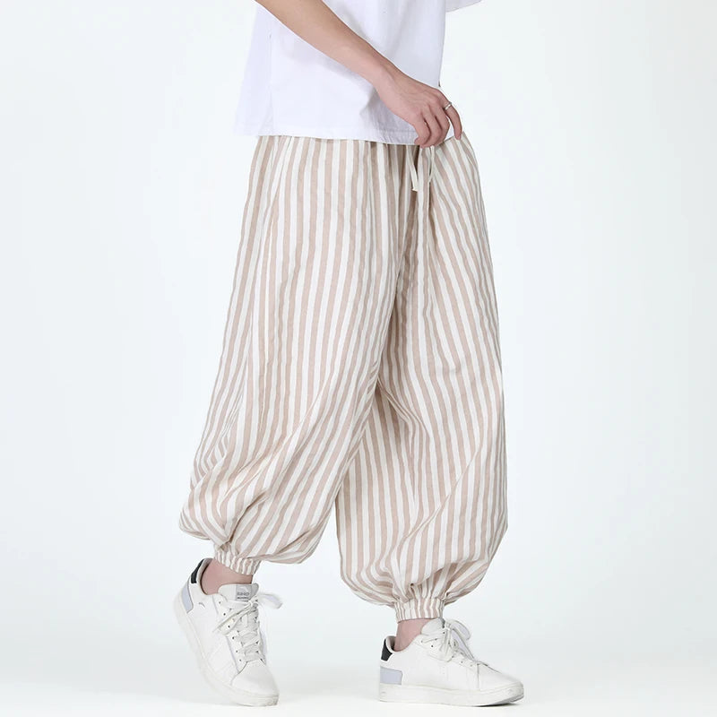 HEARUJOY  -  Men Casual Harem Pants Man Stripe Loose Jogging Pants Male Streetwear Cotton Linen Trousers Man Harajuku Wide Leg Pants