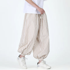 HEARUJOY  -  Men Casual Harem Pants Man Stripe Loose Jogging Pants Male Streetwear Cotton Linen Trousers Man Harajuku Wide Leg Pants