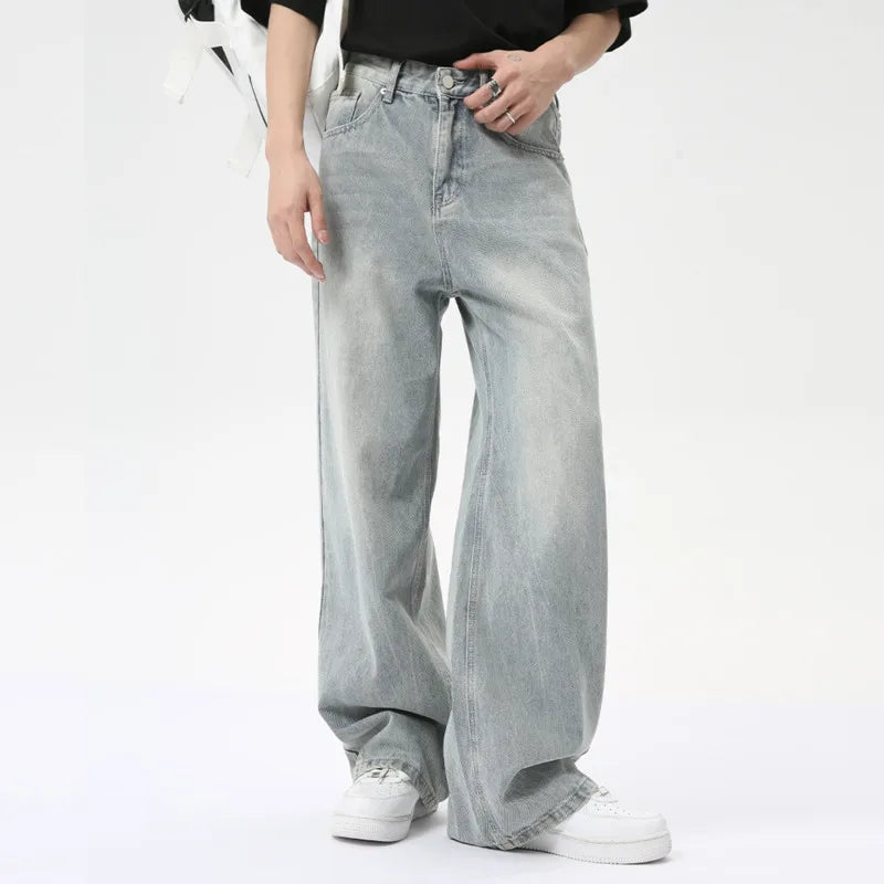 Hearujoy High Street Men's Jeans Casual Washed Light Straight Male Denim Pants Wide Leg Loose Trousers Chic Summer 9C6317