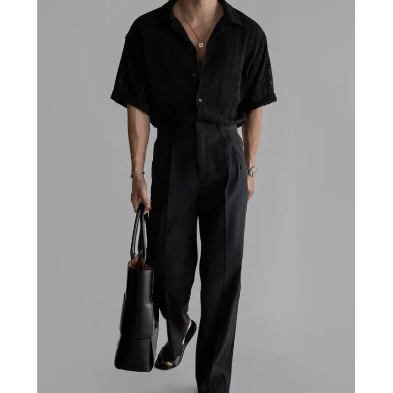 HEARUJOY  -  Summer Short Sleeved Shirt Men Oversized Black White Casual Shirt Men Streetwear Korean Loose Hollow Shirt Mens Hawaiian Shirts