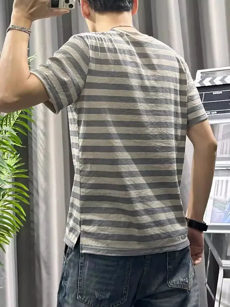 HEARUJOY  -  Man Tee Shirts O Neck Striped Apricot Cotton Linen T Shirt for Men Short Quarter Sleeve Summer Basic Cheap Clothes Ordinary Top