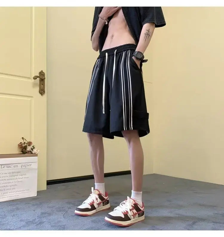 HEARUJOY  -  Fashionable Side Striped Sports Shorts Men's Loose Mid-trousers Handsome Straight Five-point Pants