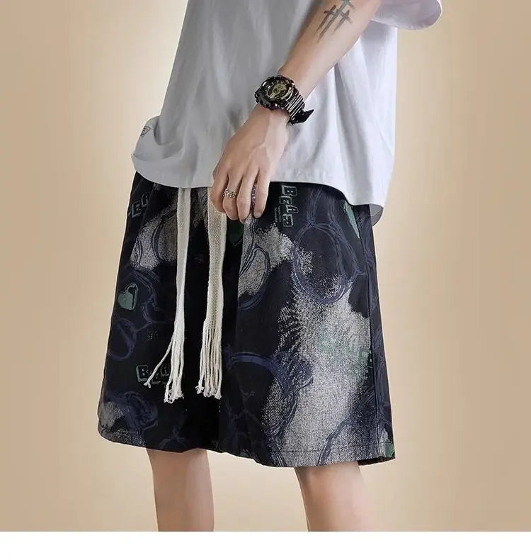 HEARUJOY  -  Men's New Spliced print Five-point Loose Drawstring Design Bear Print Shorts