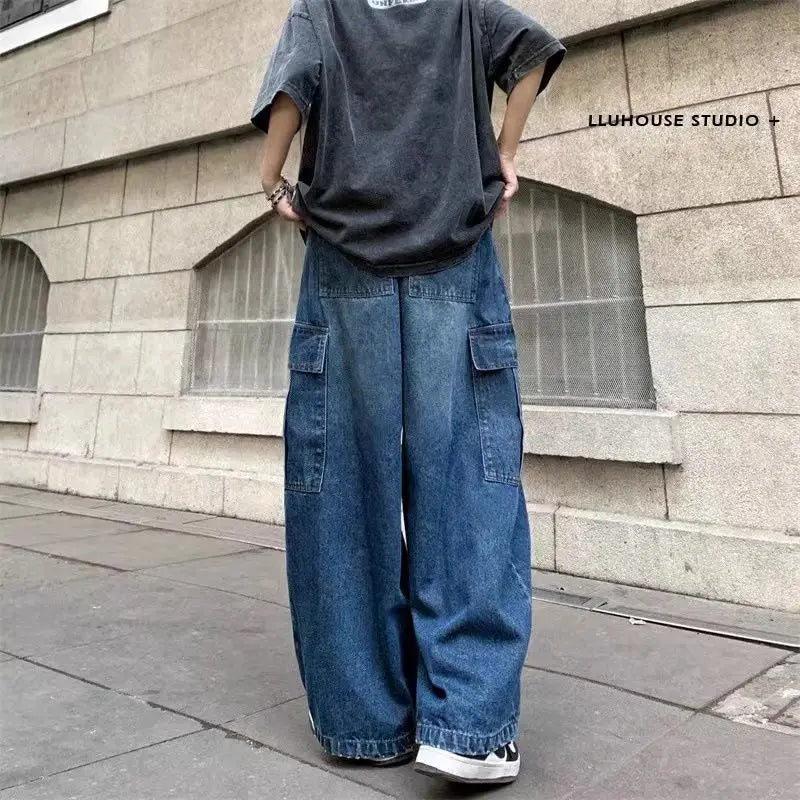 Hearujoy Washed Casual Retro Wide Leg Baggy Jeans Mens All Match Straight Hip Hop Large Pocket Overalls Blue Jeans for Women Streetwear