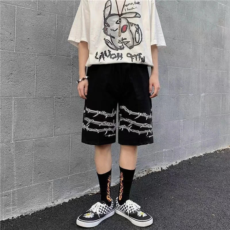 Hearujoy Summer trend ins dark high street hip-hop print personality casual shorts men's elastic waist tie quick-drying pants