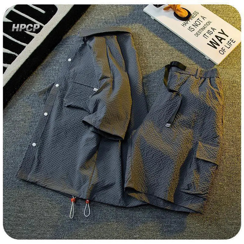 HEARUJOY  -  Texture Ice Silk Workwear Suits Men Short sleeve Shirt And Shorts Two-piece Set Summer Cool Quick Drying Loose Outfits Oversize