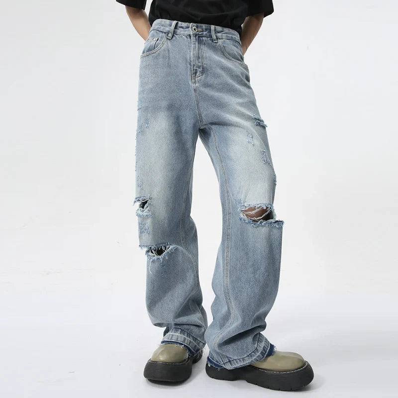 Hearujoy Trendy Men's Straight Jeans Broken Hole Design Summer New Streetwear American Style Wide Leg Denim Pants 9C5979