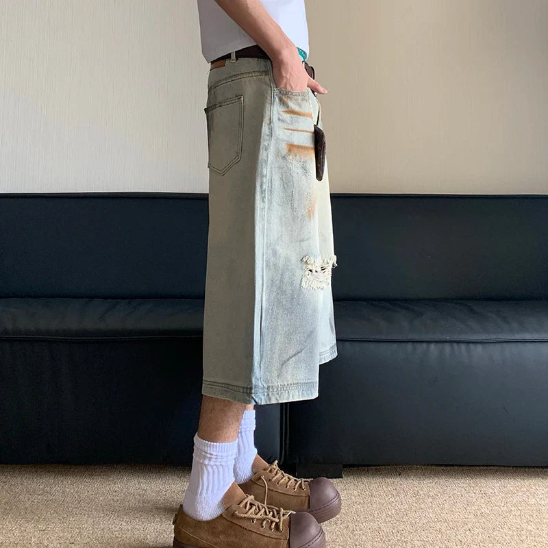 Hearujoy Mud Dyed Washed Worn Out Hole Straight Denim Pants Summer 2024 Wide Leg Contrast Color Male Shorts Casual 24E1065