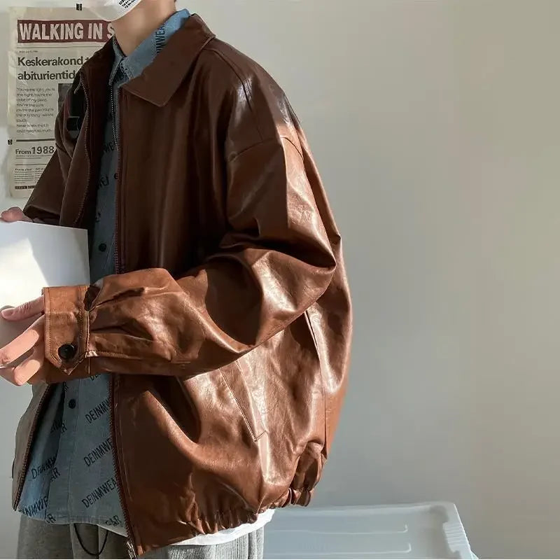 Hearujoy Pu Leather Jacket Men's Personalized Fashion Street Biker Wind Jacket Spring and Autumn Loose Lapel Top Clothes Men Clothing