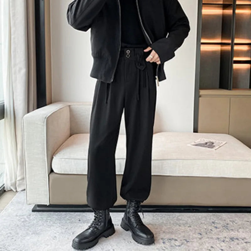 Hearujoy Autumn Mne's Casual Pants Solid Color Lace-up Design Casual Suit Trousers Fashion Men Balck Bottoms Simple 9C2397