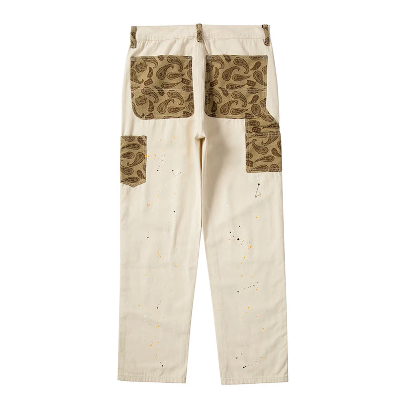 Hearujoy Hip Hop Khaki Cashew Flower Straight Leg Pants Overalls Ink Splashing Stitching Straight Canvas Trousers Retro Cargo Pants Men