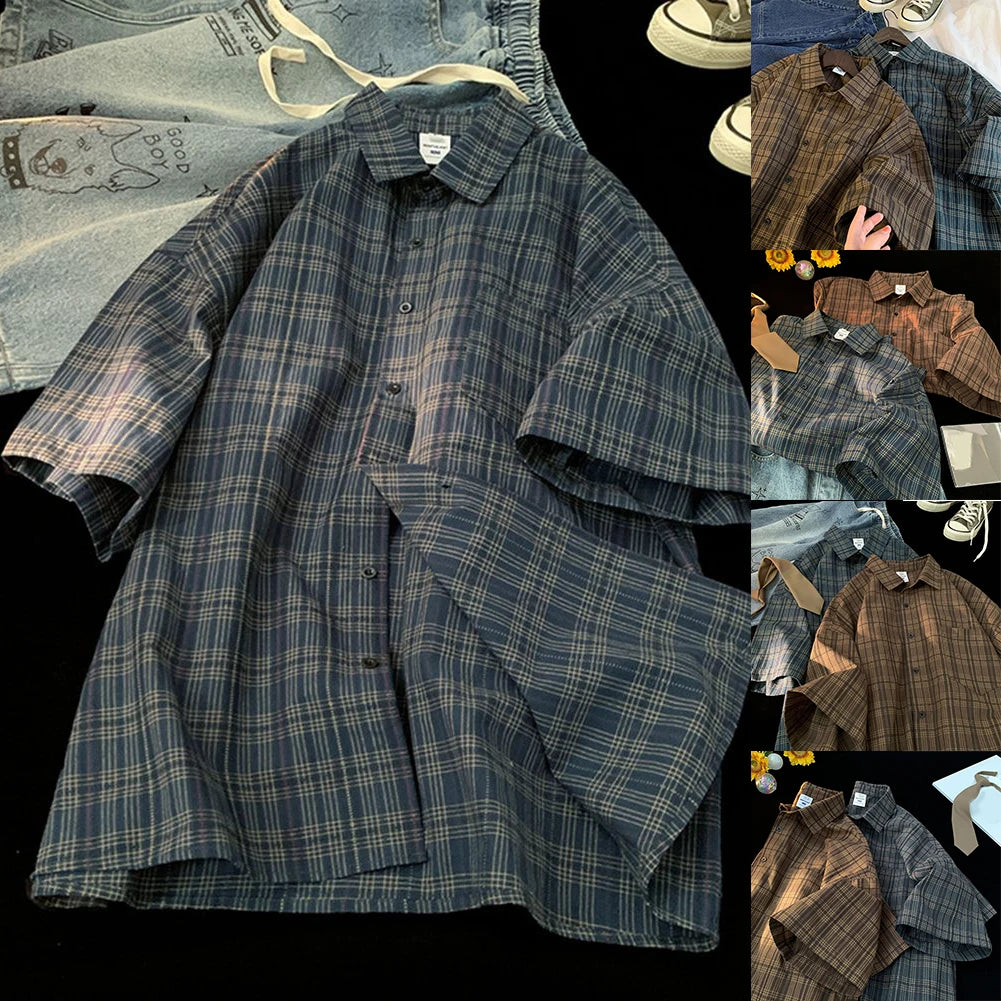 HEARUJOY  -  Couple Summer Tops Loose Short Sleeve Shirt Daily Casual Wear Plaid Pattern Shirt Vacation Outfits For Daily Wear
