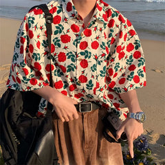 Hearujoy Summer Beach Hawaiian Rose Shirts Vintage Red Floral Button Up Shirt Men Women Loose Casual Tops Large 2XL Japan Kawaii Tee