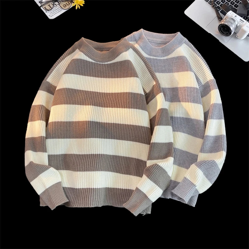 HEARUJOY  -  Men's Winter Sweater Harajuku Fashion Striped Sweter Oversize Pullover Warm Knitted Sweater Men's Clothing