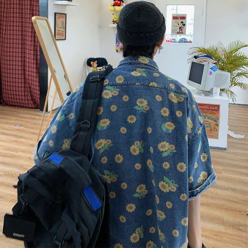 HEARUJOY  -  Summer Men Vintage Denim Shirts Short Sleeve Floral Printed Blouse Casual Loose Male Jean Coats Single-breasted Pocket Tops