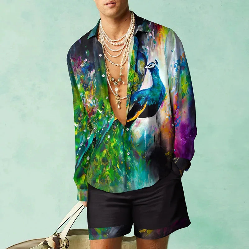 HEARUJOY  -  3D Leopardl Print Men Beach Suits Long Sleeve Lapel Shirts And Shorts Two Piece Set Fashion Hawaiian Casual Loose Outfits