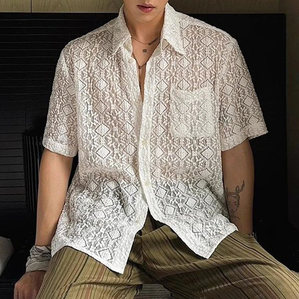 HEARUJOY  -  Mens Shirt Lace See-Through Transparent Geometric Shirt Summer Beach Vacation Hawaiian Slim Short Sleeve Top Men'S Clothing