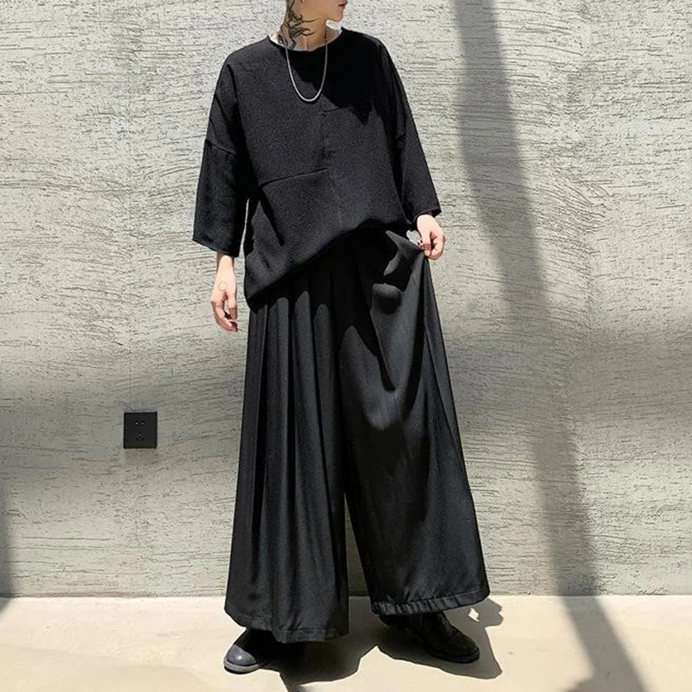 HEARUJOY  -  Y2k Gothic Dark Style Skirt Pants Genderless Spring Street Wear Fashion Japanese Plain Daily Casual Hakama Wide-Leg Pants Unisex