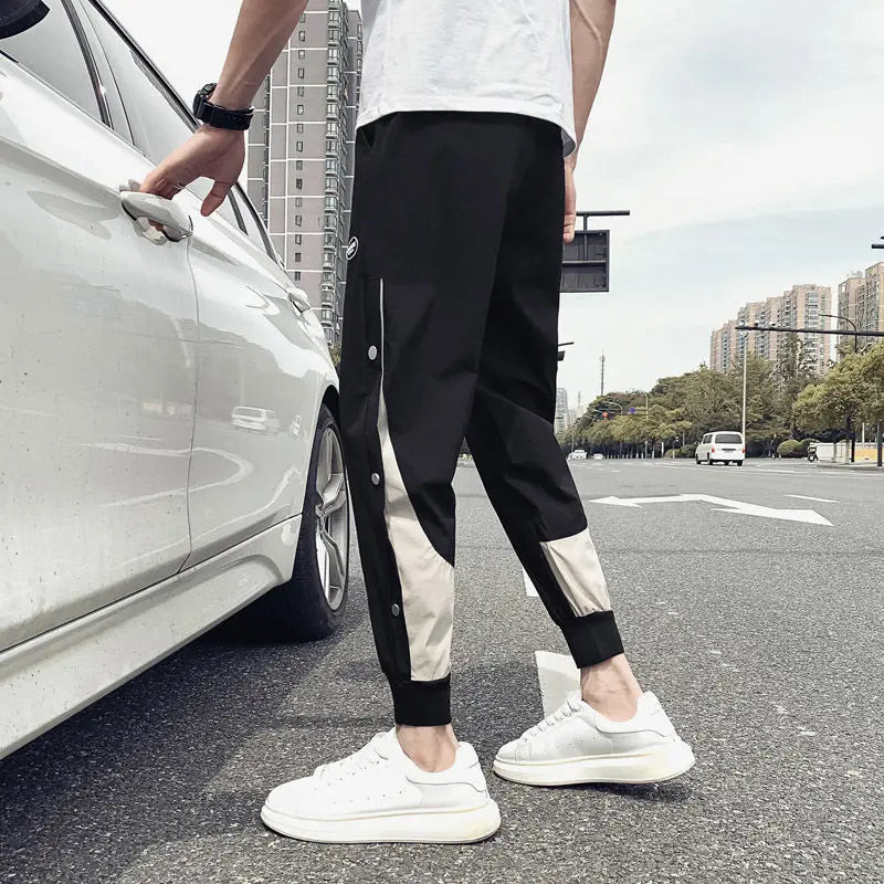 HEARUJOY  -  Stylish Men's Spring-Autumn Snap Closure Casual Pants with Trendy Matching, Slim Fit, and Color-Block Harem Style