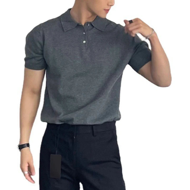 Hearujoy Men's Leisure Solid Color Knitted Polo Shirt Fashion Button-down Short Sleeve T-Shirt for Men Breathable Light Luxury Knitwear