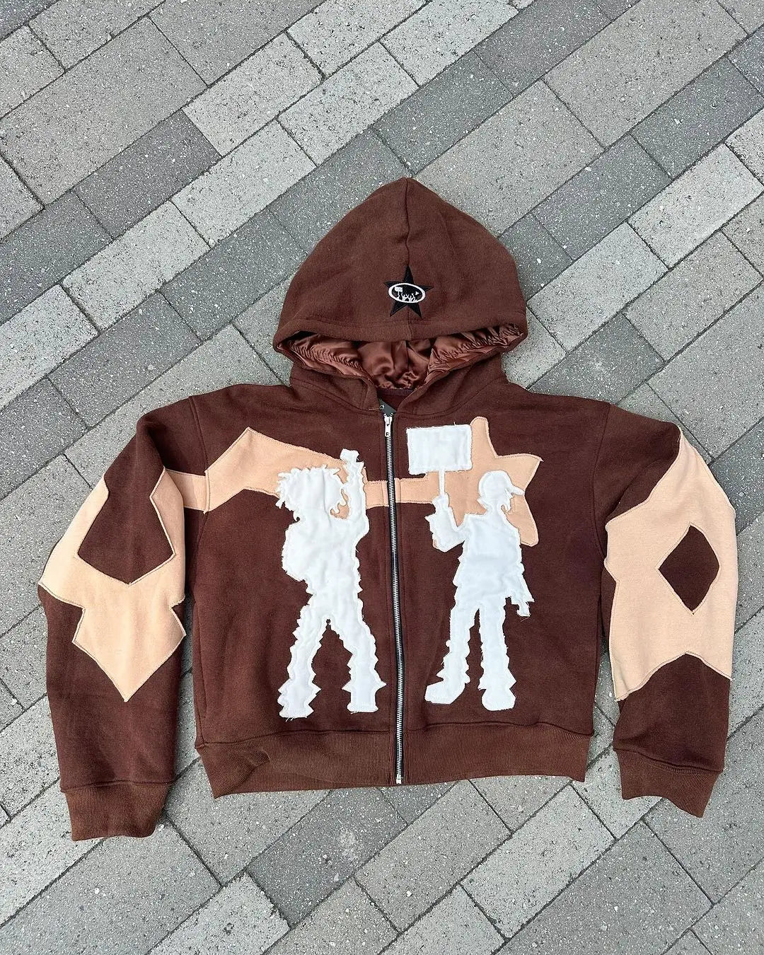 HEARUJOY  -  Y2K trendy classic street letter splicing personalized hooded jacket for men and women retro hip-hop goth washed cool zipper top